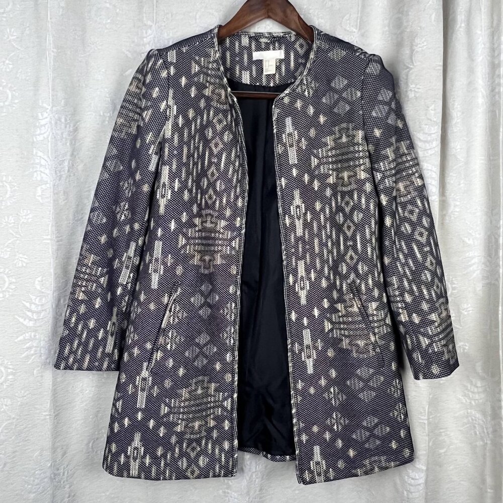 H&M ikat jacquard open mid-length jacket gold black texture weave lady coat